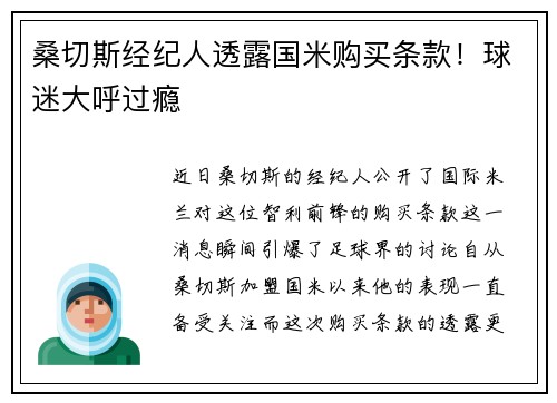 桑切斯经纪人透露国米购买条款！球迷大呼过瘾