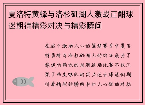 夏洛特黄蜂与洛杉矶湖人激战正酣球迷期待精彩对决与精彩瞬间